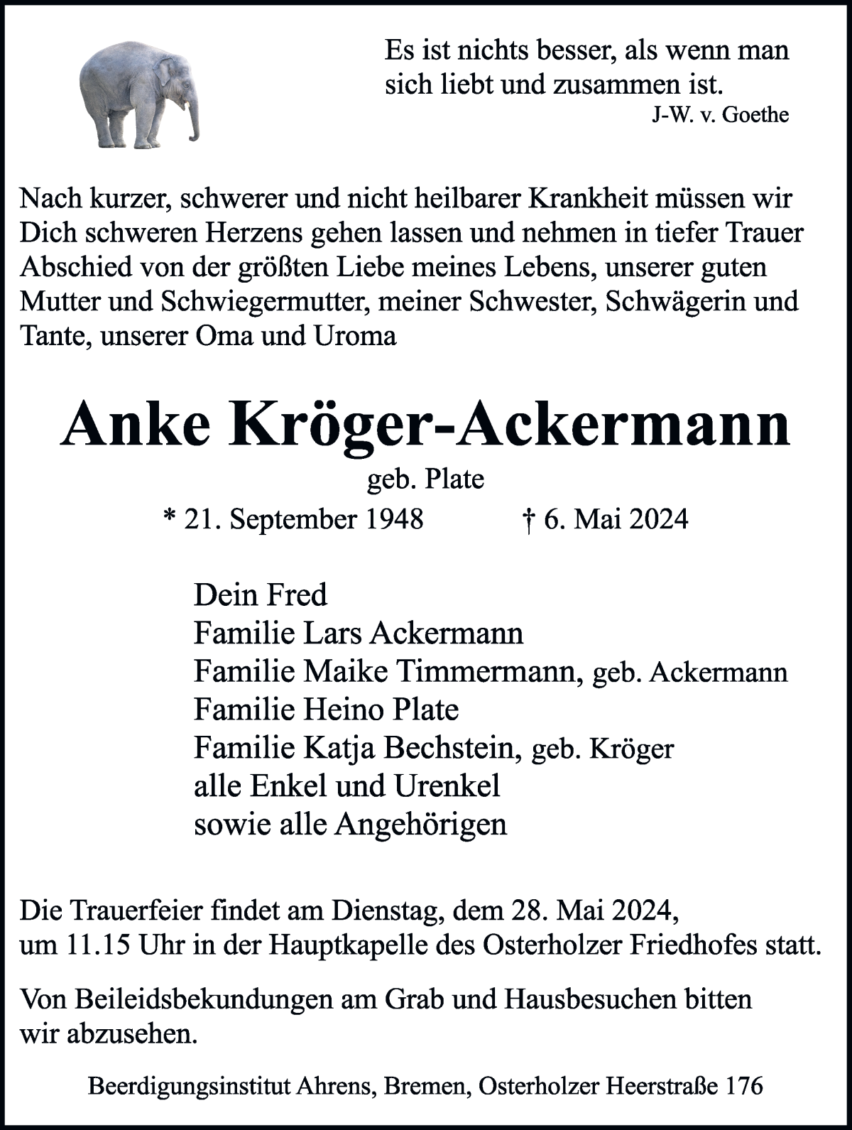 Traueranzeige von Anke Kröger-Ackermann von WESER-KURIER