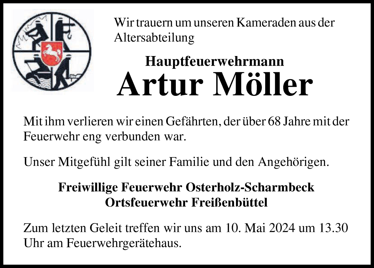 Traueranzeige von Artur Möller von Osterholzer Kreisblatt