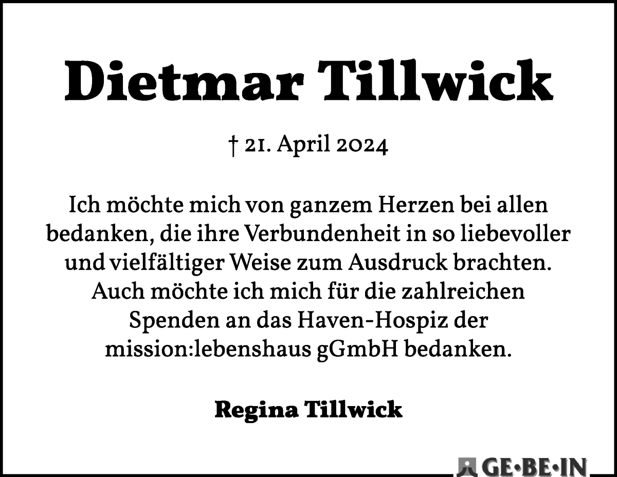 Traueranzeige von Dietmar Tillwick von Die Norddeutsche