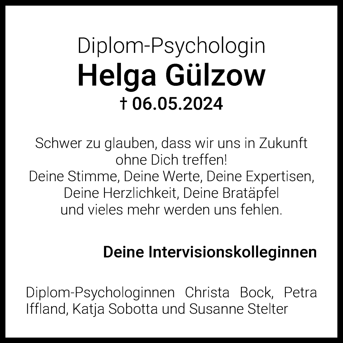 Traueranzeige von Diplom-Psychologin Helga Gülzow von WESER-KURIER