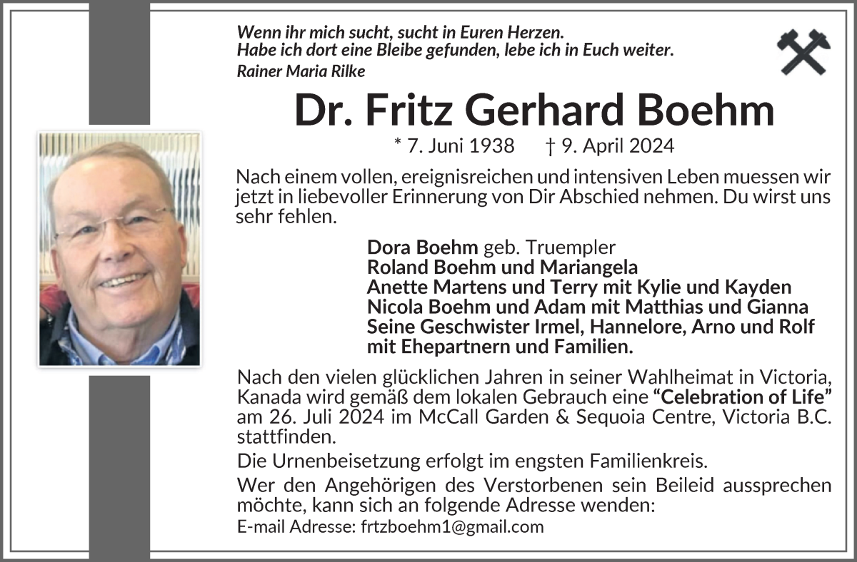 Traueranzeige von Dr. Fritz Gerhard Boehm von WESER-KURIER
