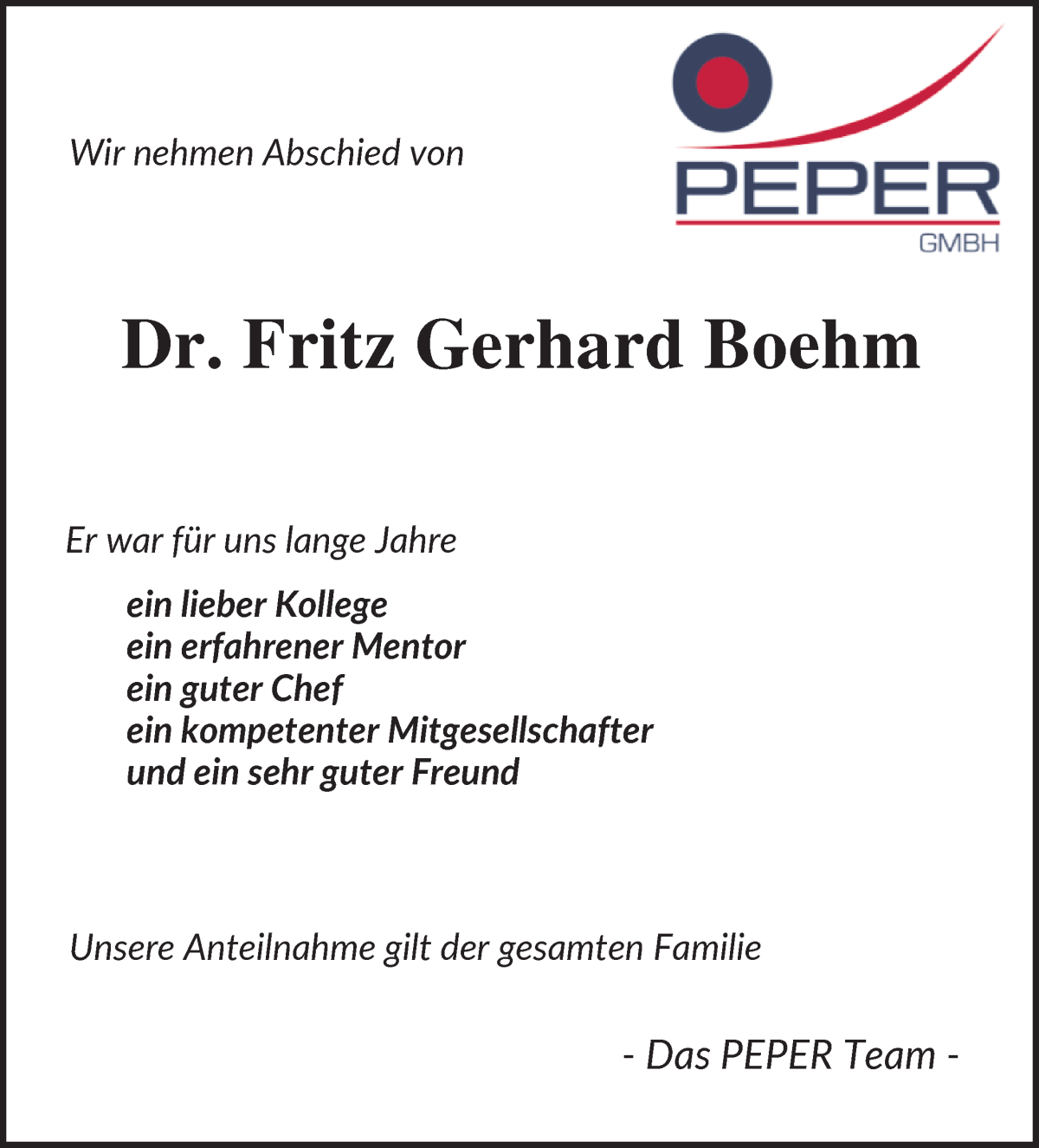 Traueranzeige von Dr. Fritz Gerhard Boehm von WESER-KURIER