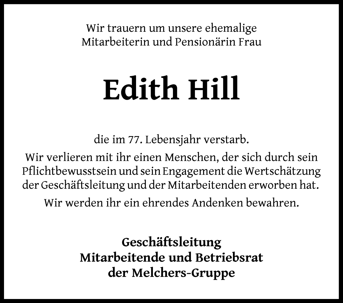 Traueranzeige von Edith Hill von WESER-KURIER
