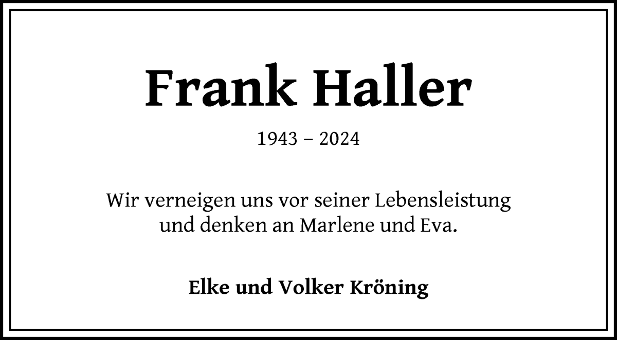Traueranzeige von Frank Haller von WESER-KURIER