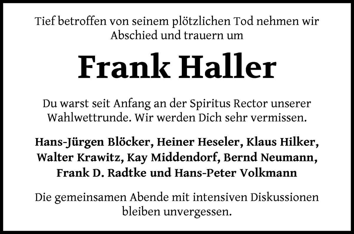 Traueranzeige von Frank Haller von WESER-KURIER