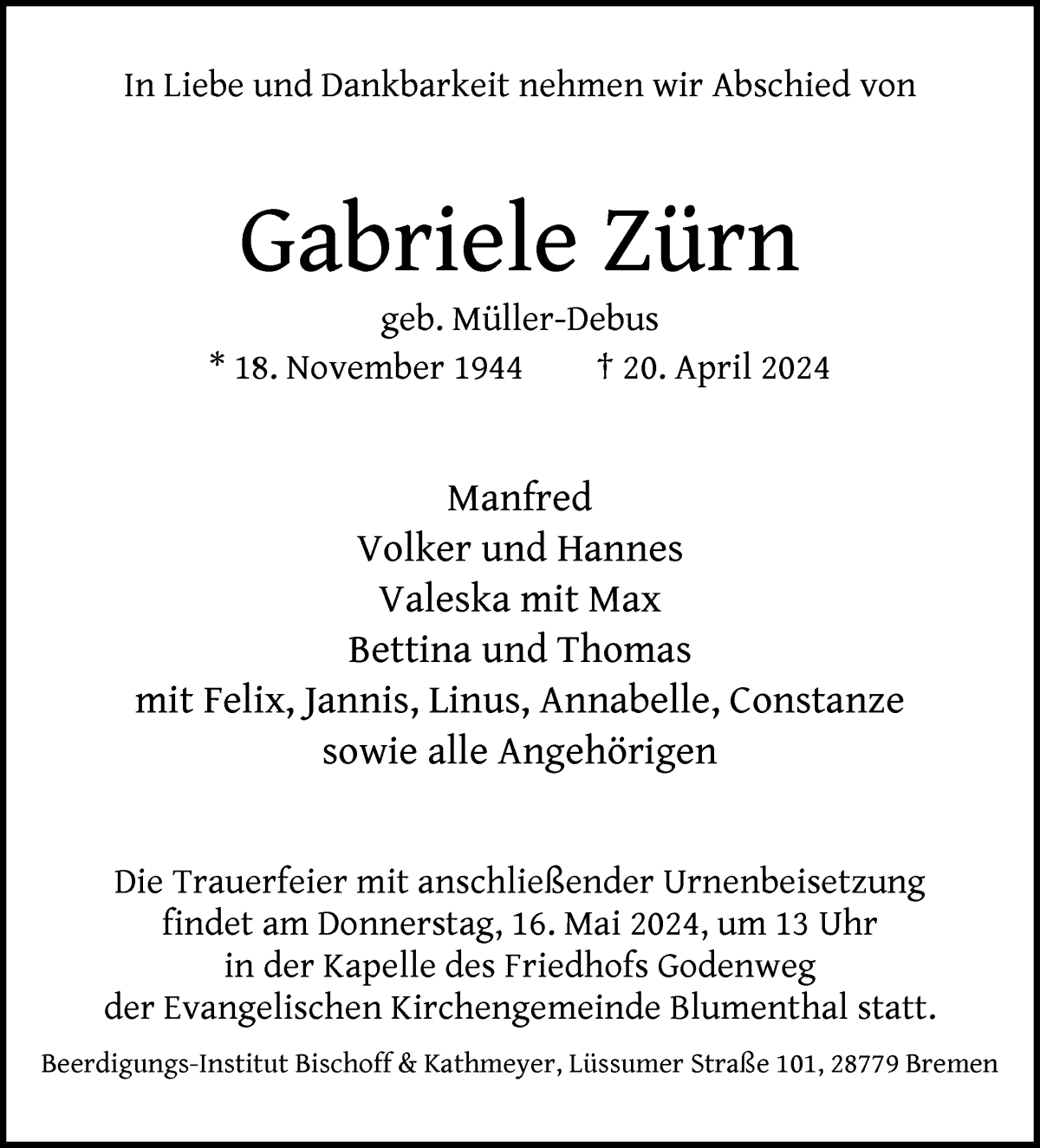 Traueranzeige von Gabriele Zürn von Die Norddeutsche