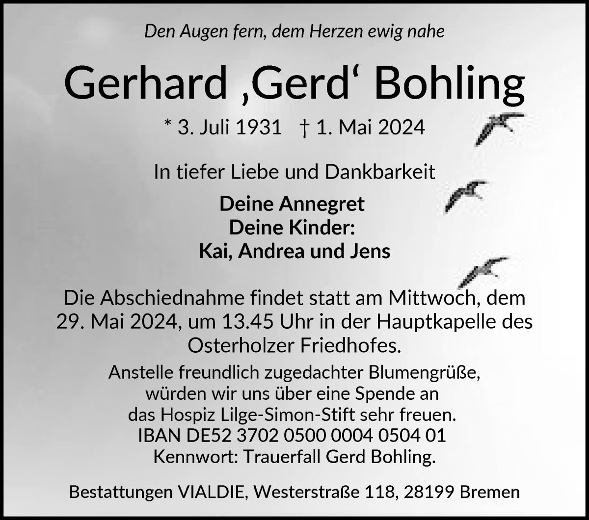 Traueranzeige von Gerhard Bohling von WESER-KURIER