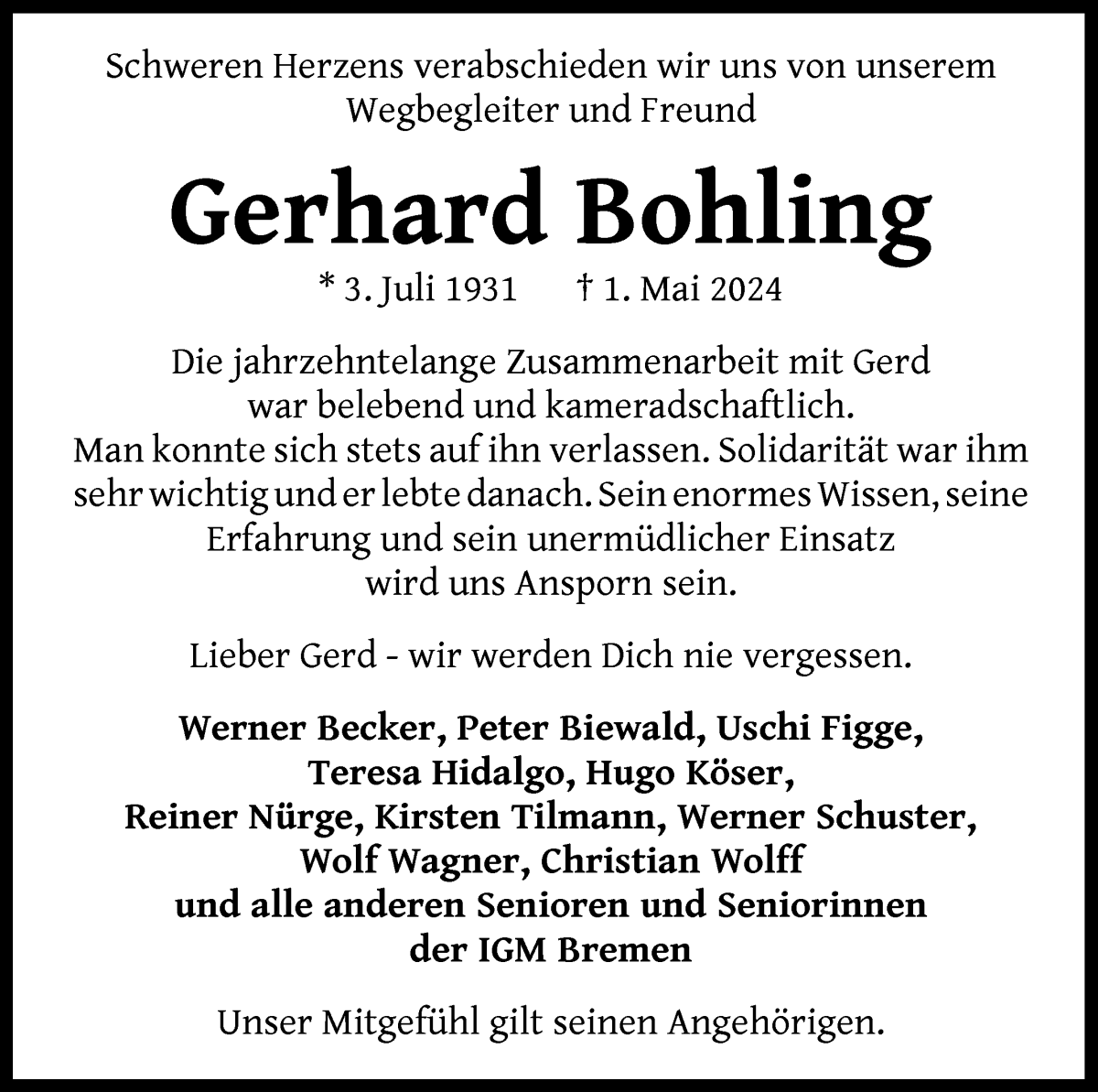 Traueranzeige von Gerhard Bohling von WESER-KURIER
