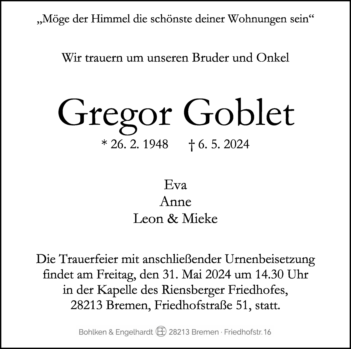 Traueranzeige von Gregor Goblet von WESER-KURIER
