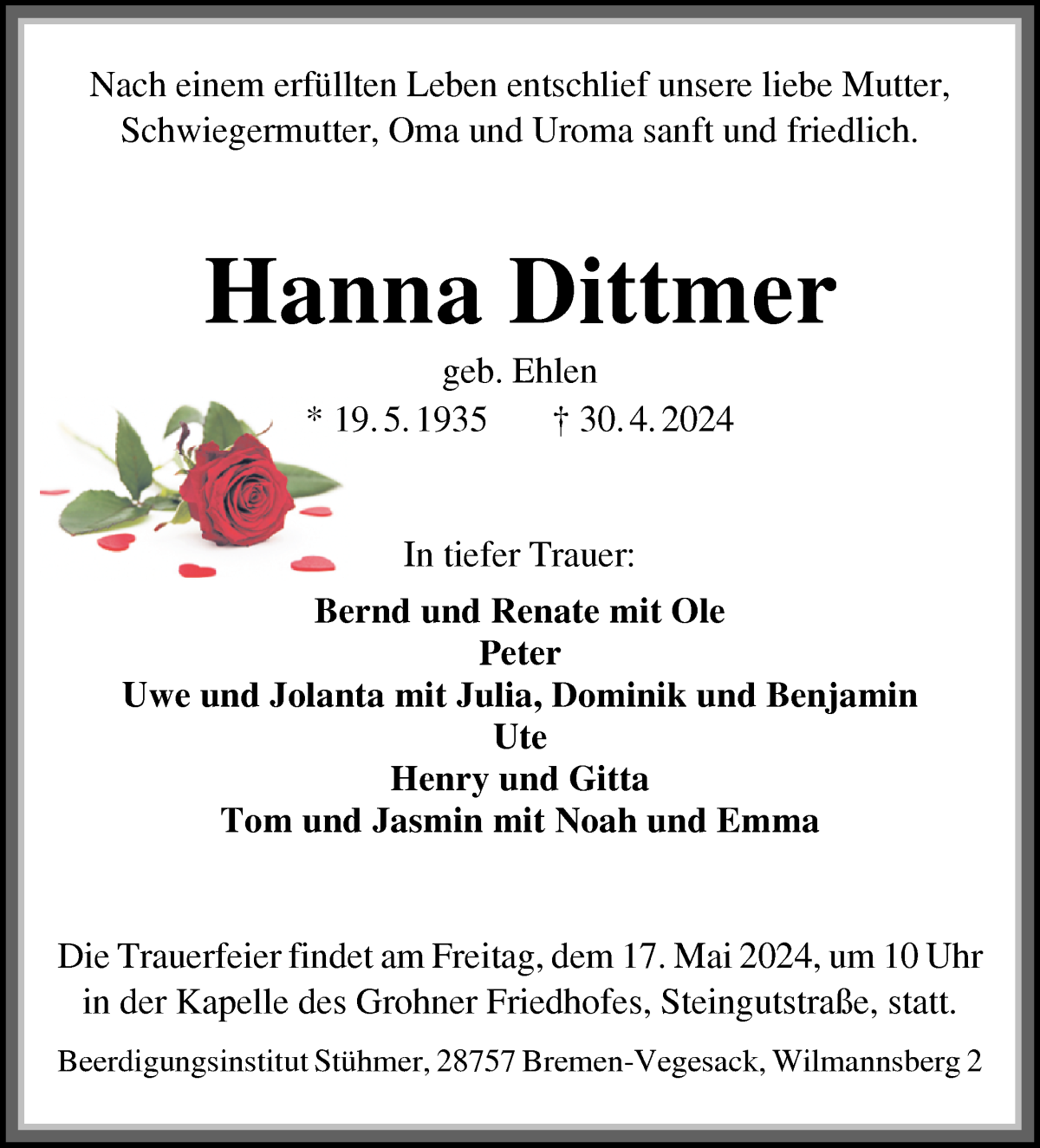Traueranzeige von Hanna Dittmer von Die Norddeutsche