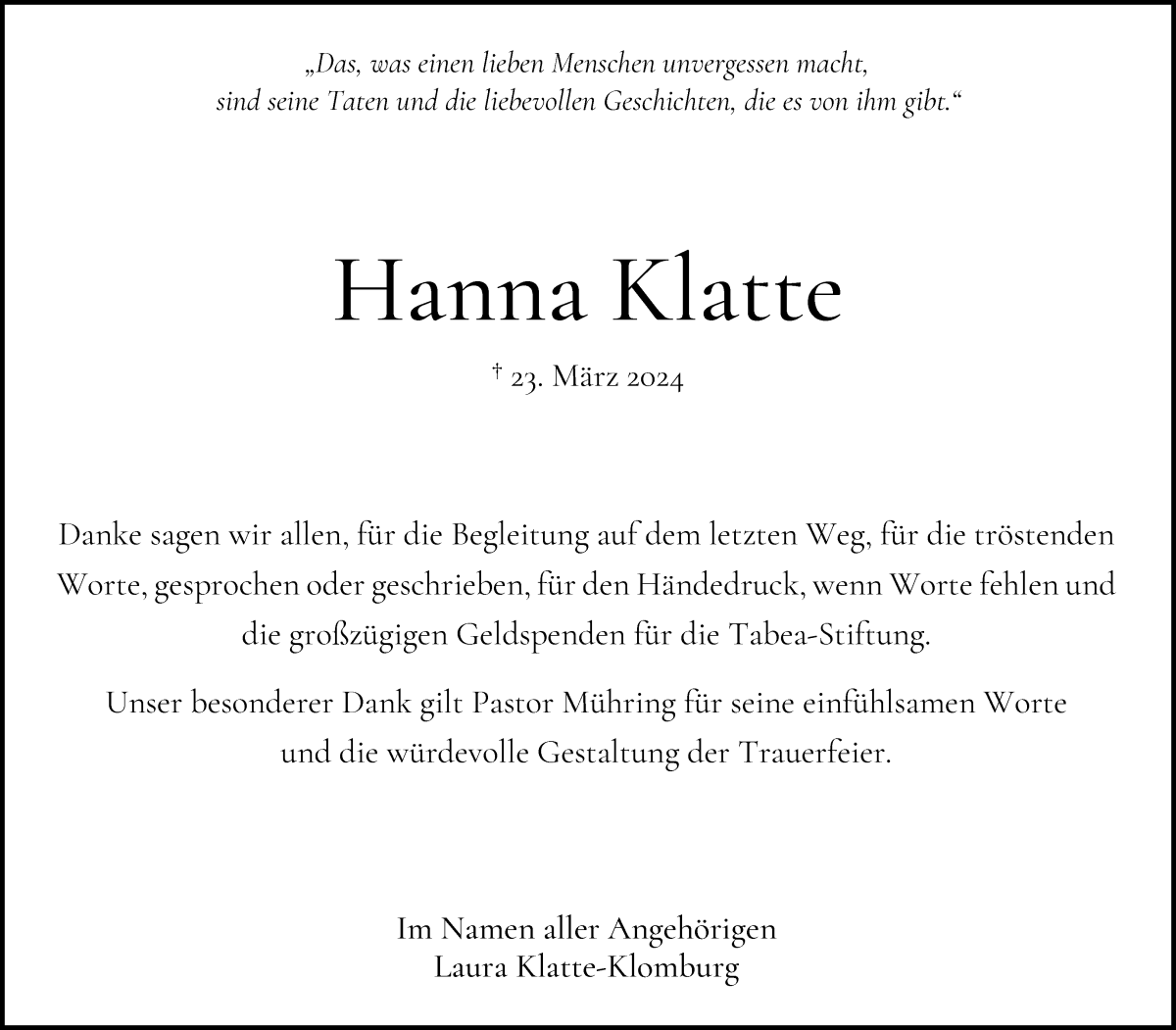Traueranzeige von Hanna Klatte von WESER-KURIER