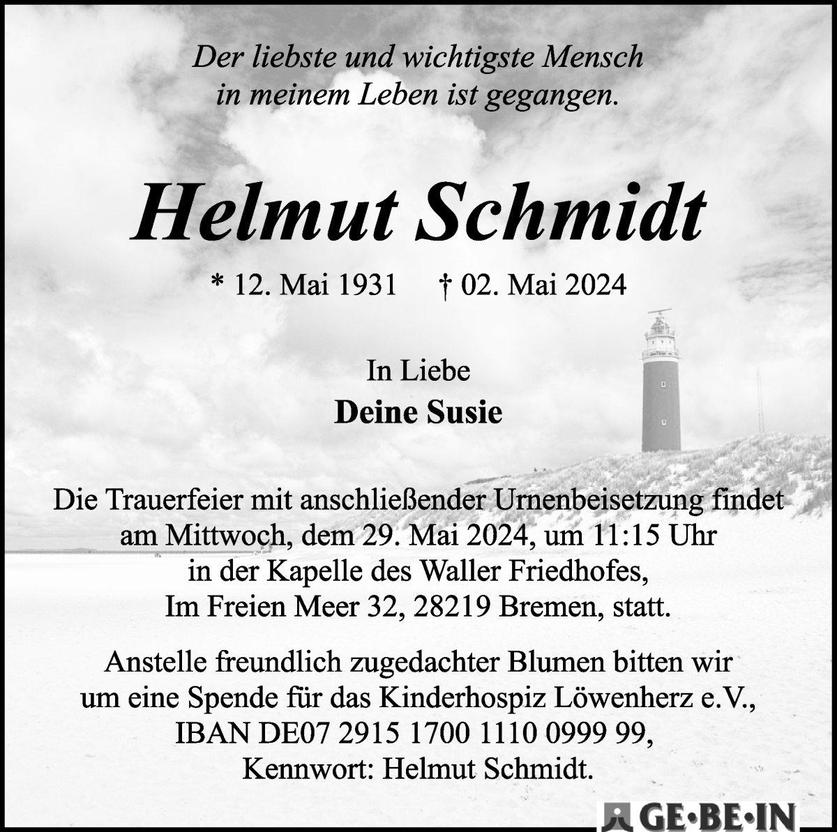 Traueranzeige von Helmut Schmidt von WESER-KURIER