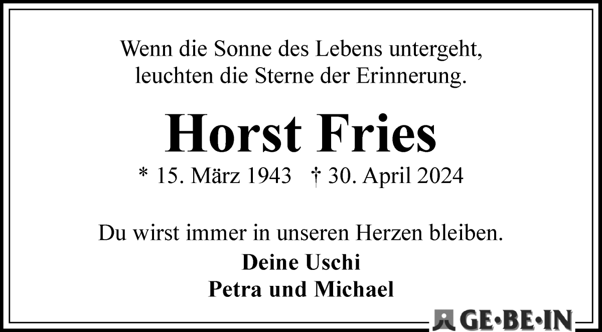 Traueranzeige von Horst Fries von WESER-KURIER