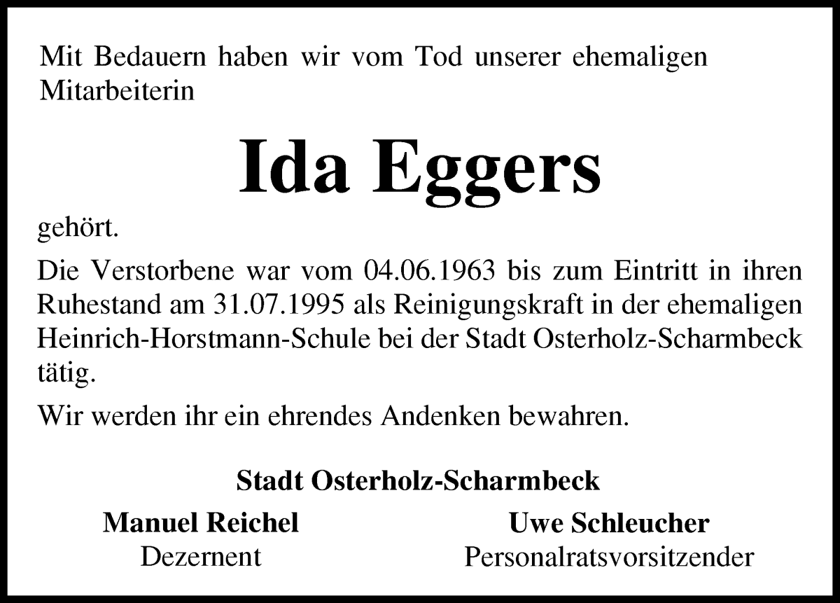 Traueranzeige von Ida Eggers von Osterholzer Kreisblatt