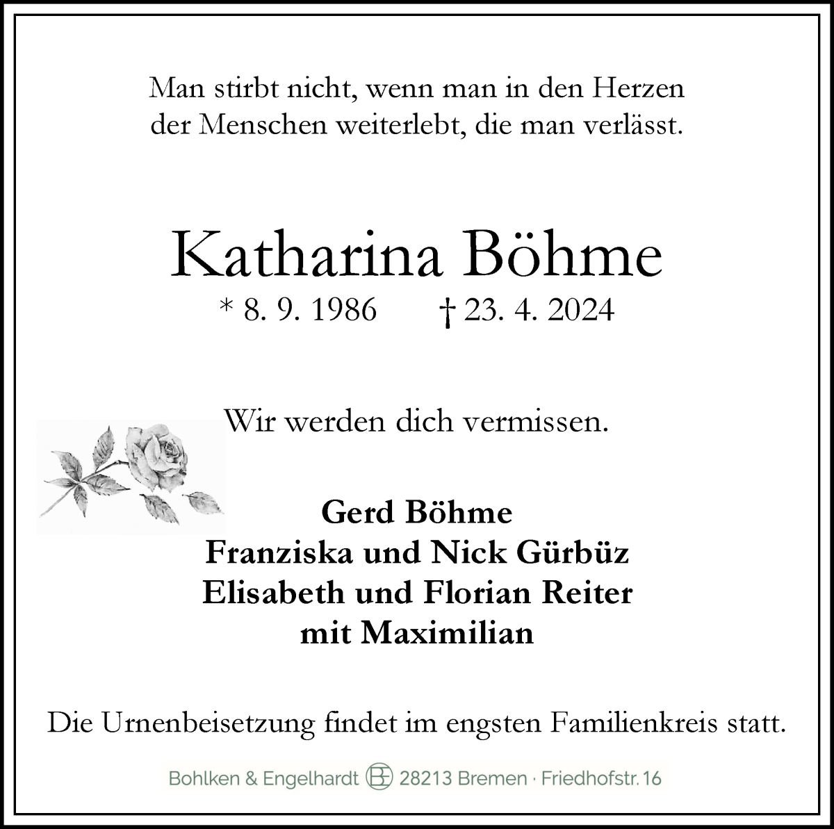 Traueranzeige von Katharina Böhme von WESER-KURIER