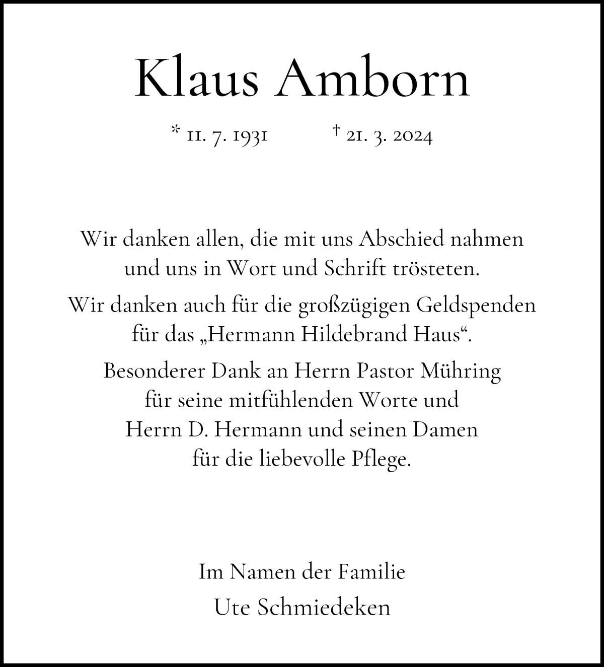 Traueranzeige von Klaus Amborn von WESER-KURIER