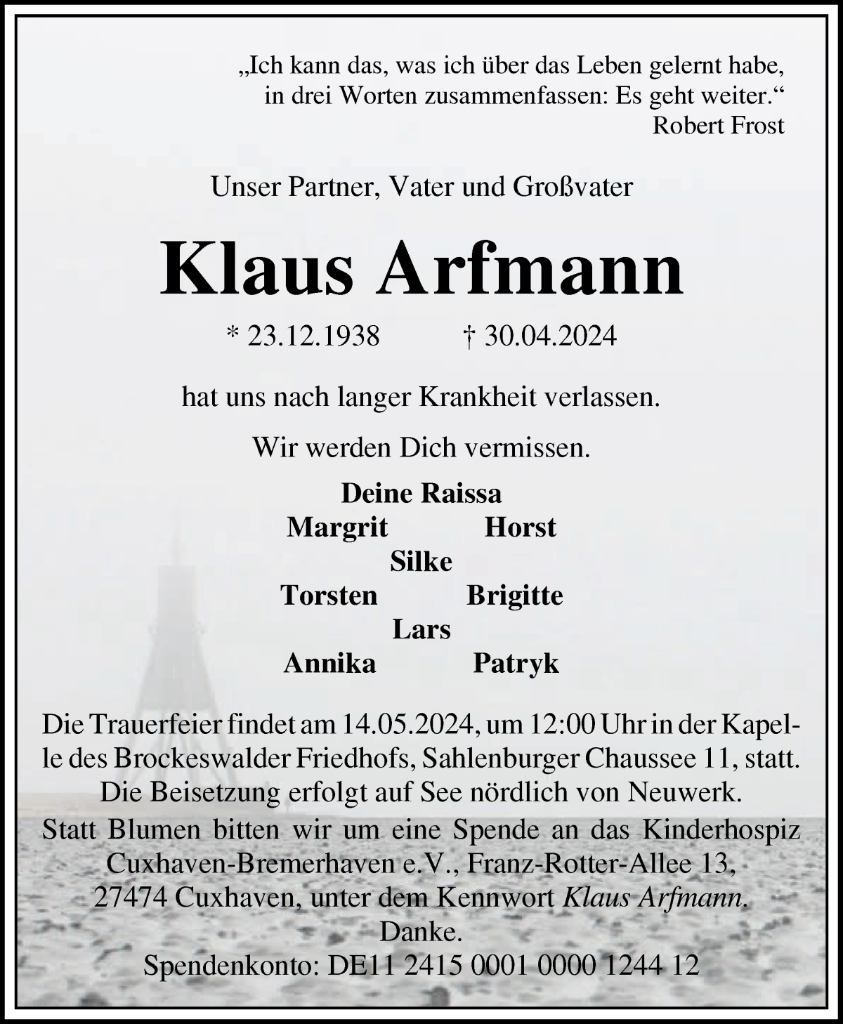 Traueranzeige von Klaus Arfmann von Die Norddeutsche