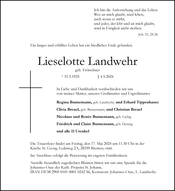 Traueranzeige von Lieselotte Landwehr