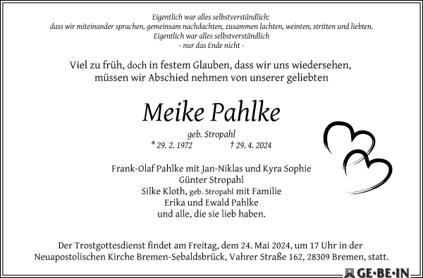 Traueranzeigen Von Meike Pahlke Trauer Gedenken