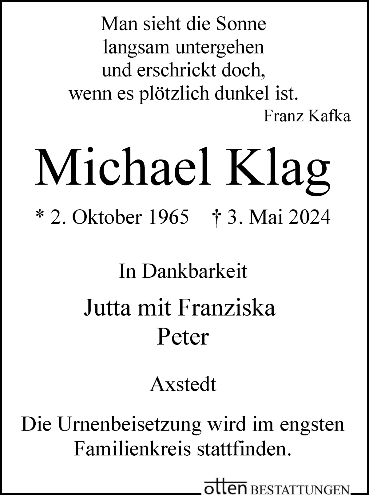 Traueranzeige von Michael Klag von Osterholzer Kreisblatt