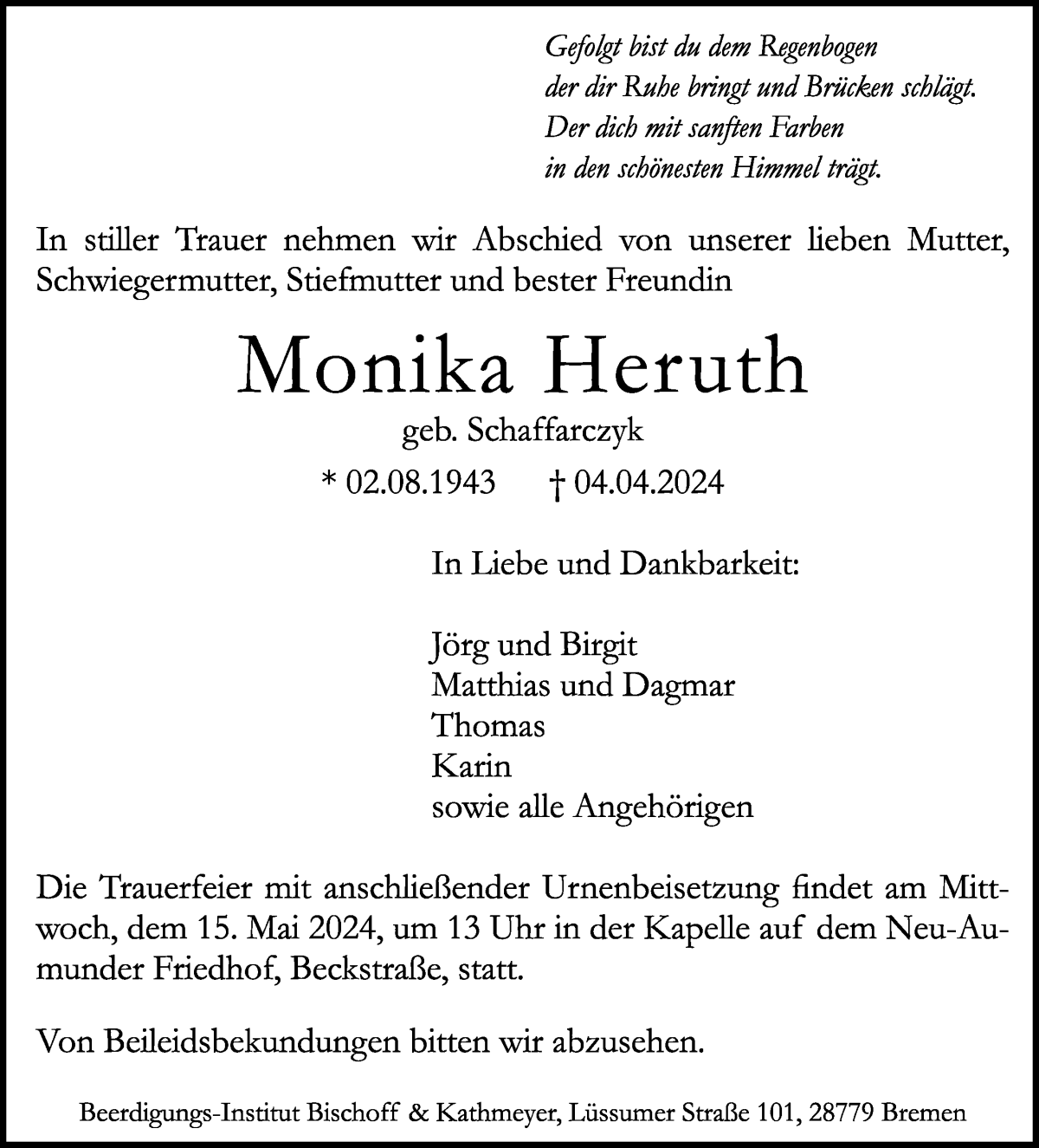 Traueranzeige von Monika Heruth von Die Norddeutsche