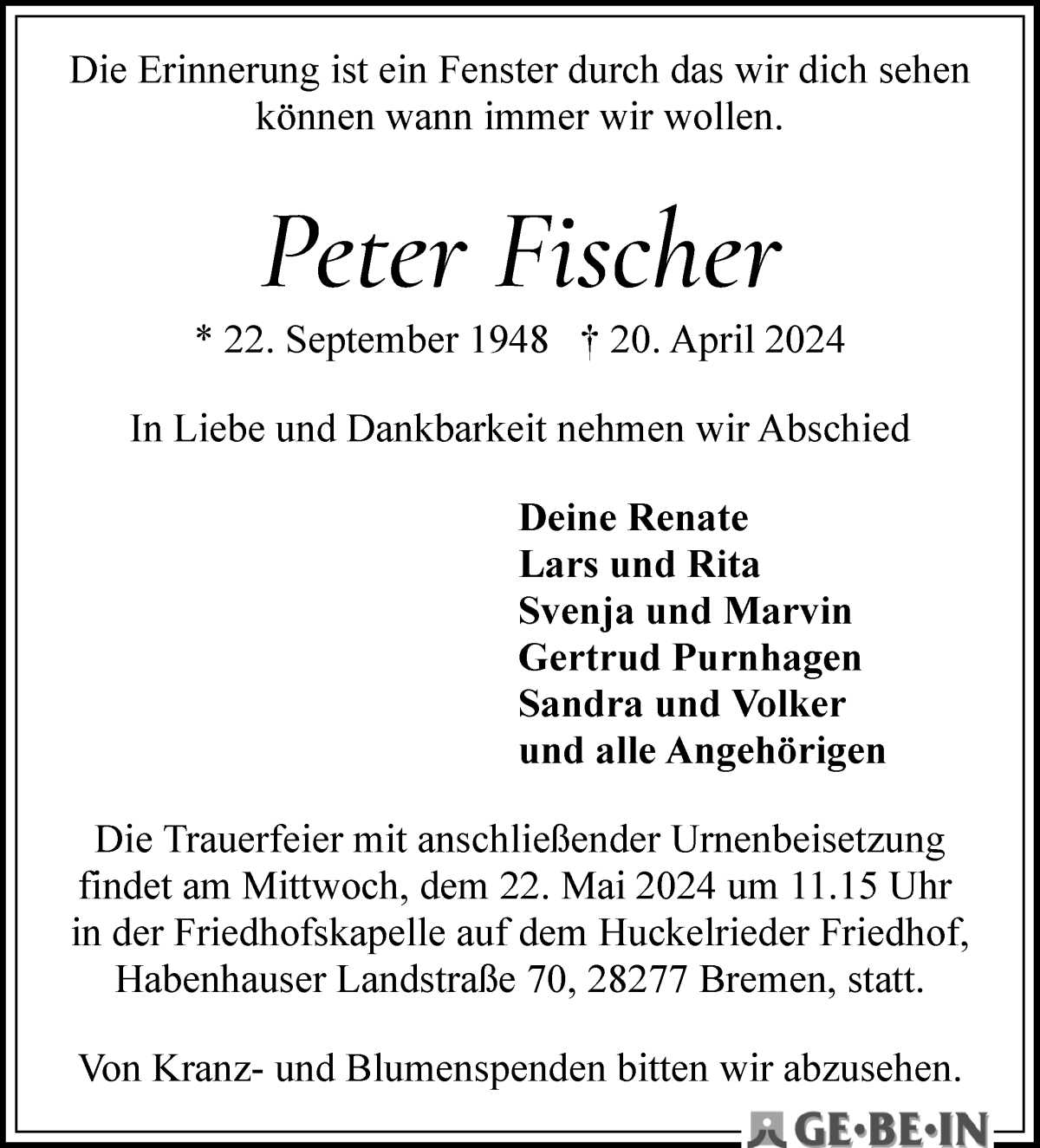 Traueranzeige von Peter Fischer von WESER-KURIER