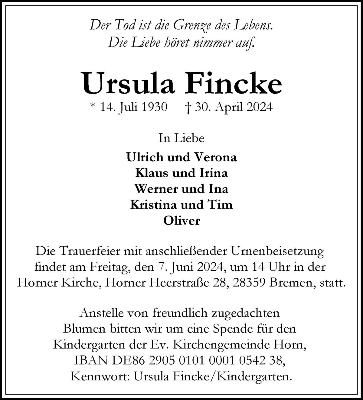 Traueranzeige von Ursula Fincke von WESER-KURIER