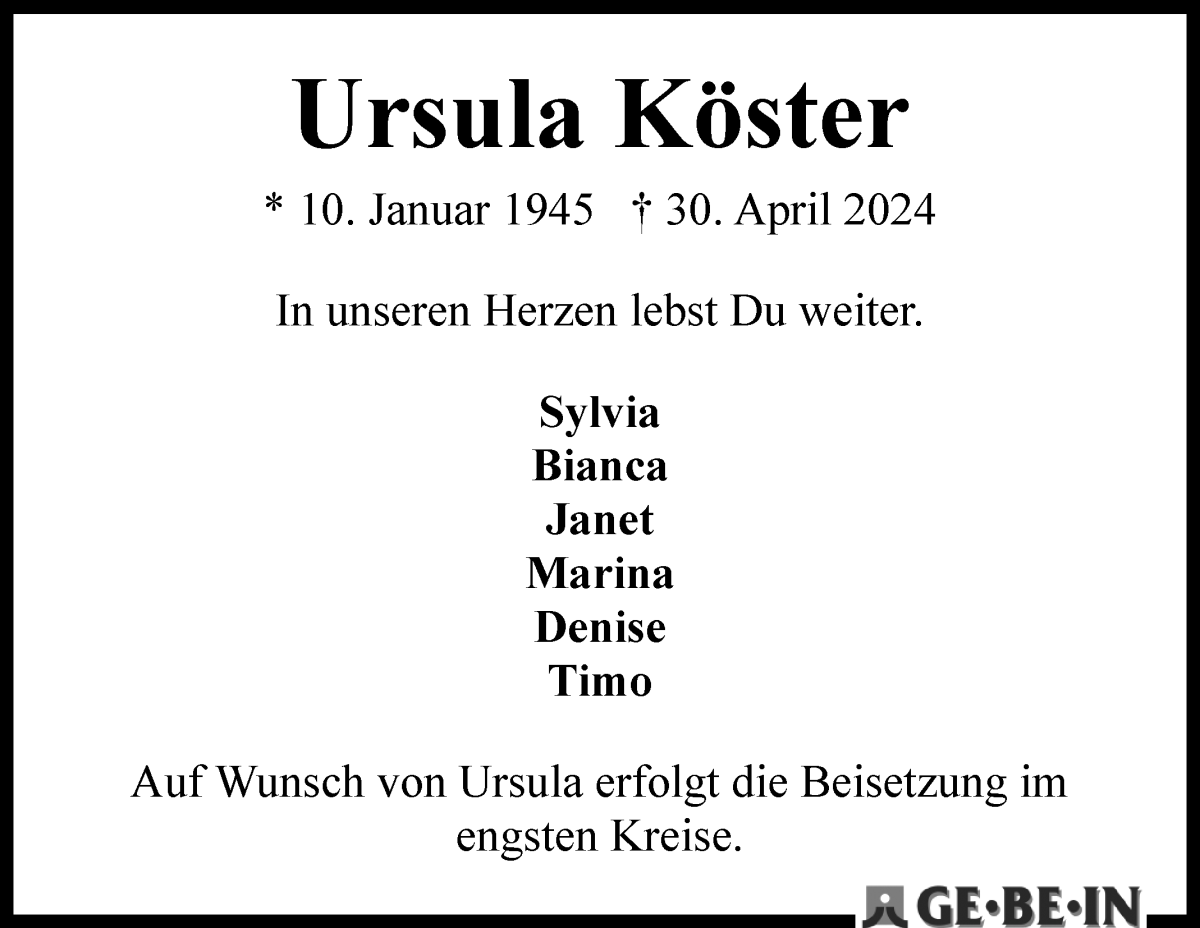 Traueranzeige von Ursula Köster von WESER-KURIER