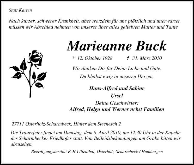 Traueranzeige für Marieanne Buck vom 03.04.2010 aus WESER-KURIER