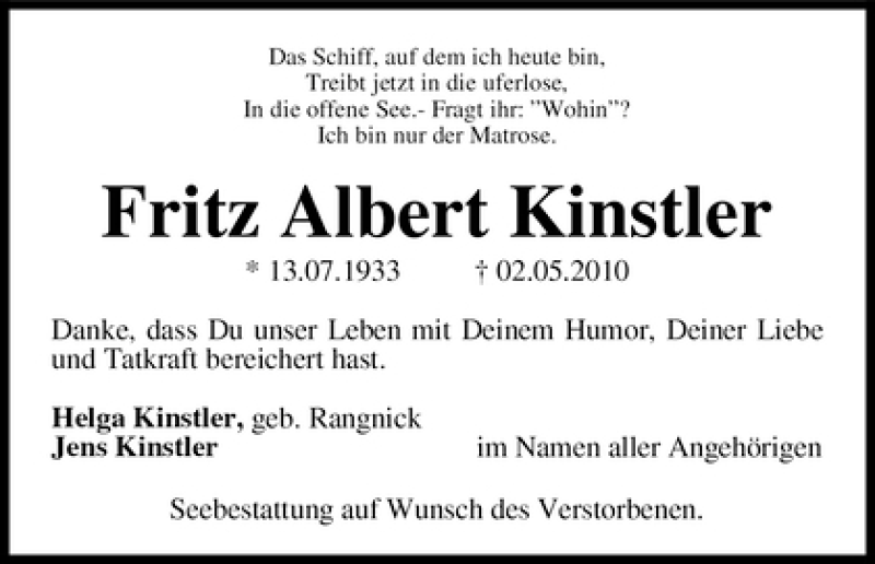 Traueranzeige von Fritz Albert Kinstler von WESER-KURIER