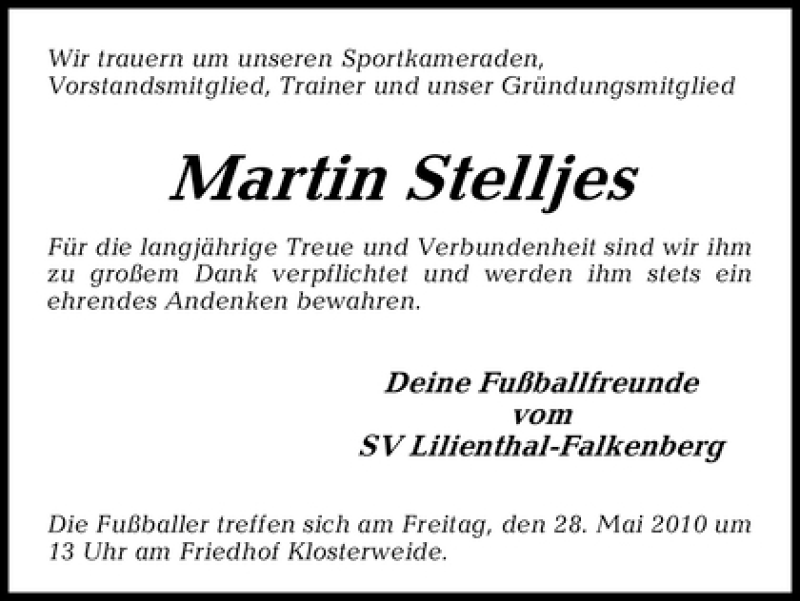  Traueranzeige für Martin Stelljes vom 26.05.2010 aus WESER-KURIER