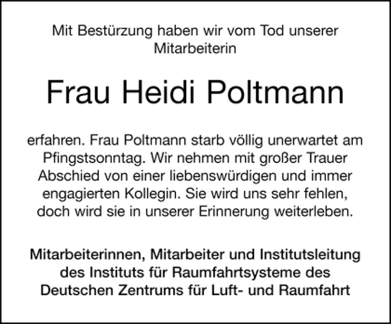  Traueranzeige für Heidi Poltmann vom 29.05.2010 aus WESER-KURIER