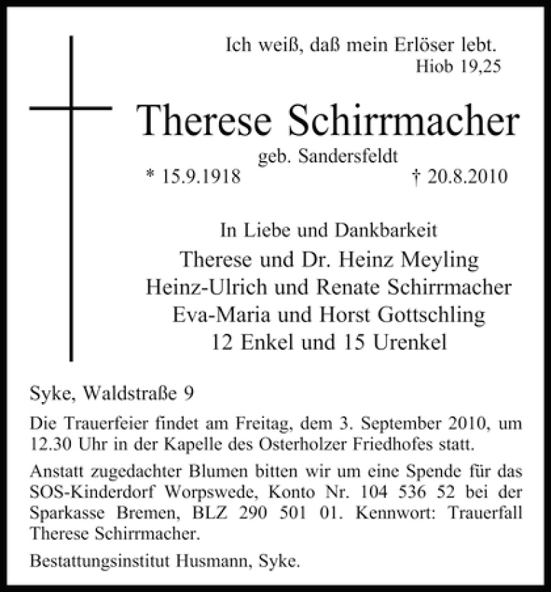 Traueranzeigen Von Therese Schirrmacher Trauer Gedenken