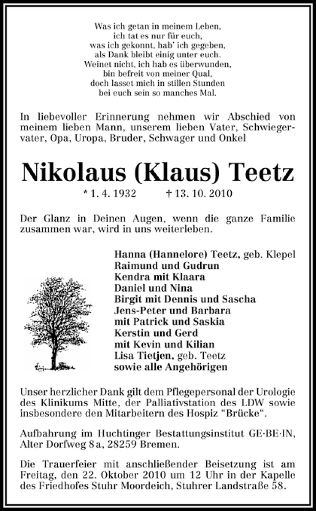  Traueranzeige für Nikolaus Teetz vom 16.10.2010 aus WESER-KURIER