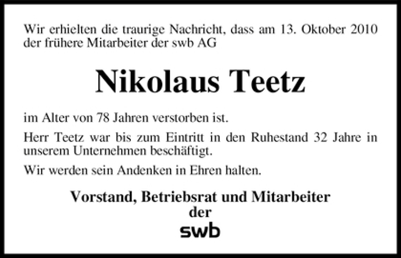  Traueranzeige für Nikolaus Teetz vom 16.10.2010 aus WESER-KURIER