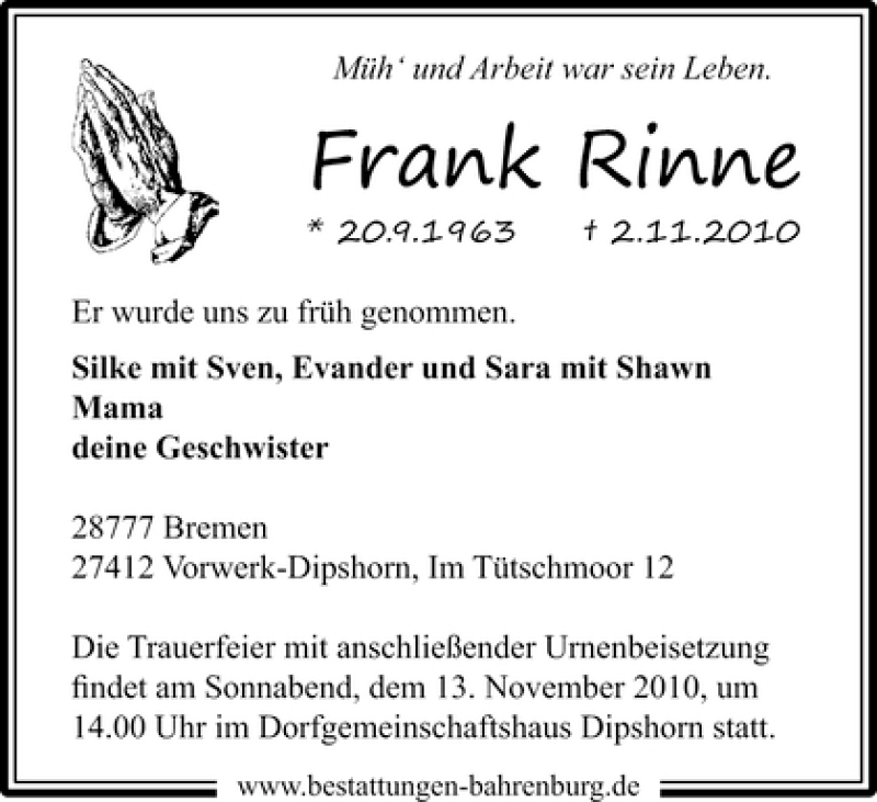  Traueranzeige für Frank Rinne vom 09.11.2010 aus WESER-KURIER