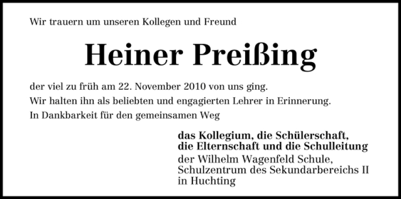  Traueranzeige für Heiner Preißing vom 27.11.2010 aus WESER-KURIER