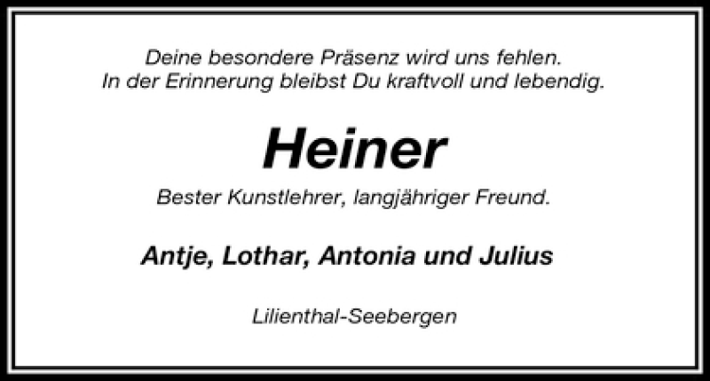  Traueranzeige für Heiner Preißing vom 27.11.2010 aus WESER-KURIER
