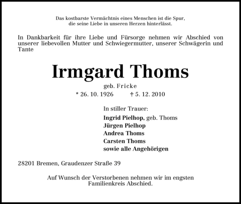  Traueranzeige für Irmgard Thoms vom 09.12.2010 aus WESER-KURIER
