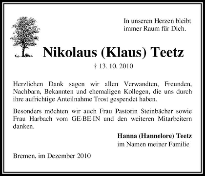  Traueranzeige für Nikolaus Teetz vom 18.12.2010 aus WESER-KURIER