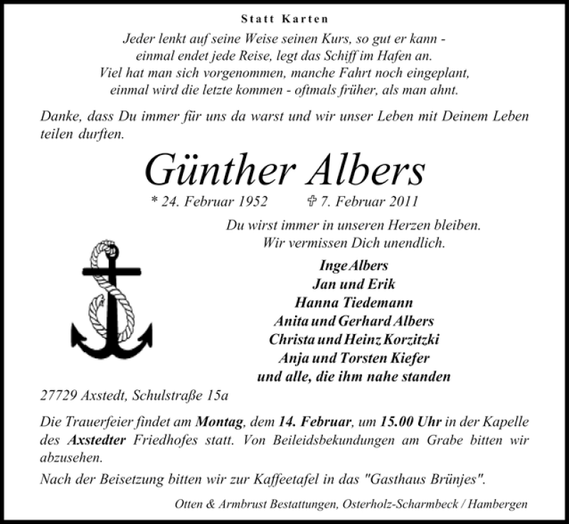 Traueranzeigen von Günther Albers Trauer Gedenken