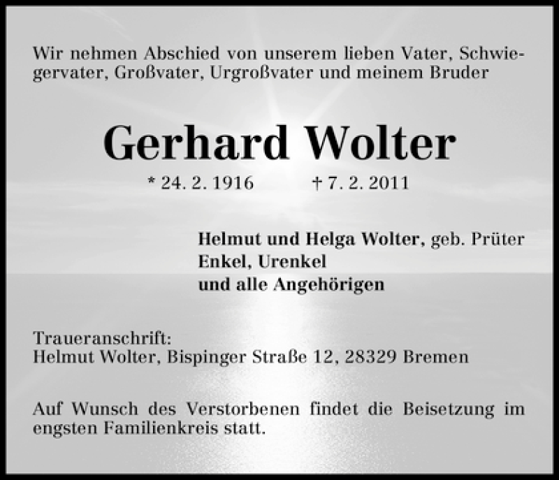 Traueranzeigen Von Gerhard Wolter Trauer Gedenken