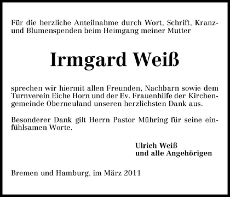 Traueranzeigen Von Irmgard Wei Trauer Gedenken