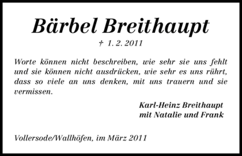  Traueranzeige für Bärbel Breithaupt vom 05.03.2011 aus WESER-KURIER