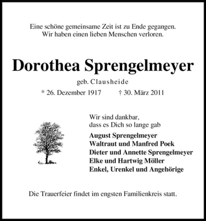  Traueranzeige für Dorothea Sprengelmeyer vom 01.04.2011 aus WESER-KURIER