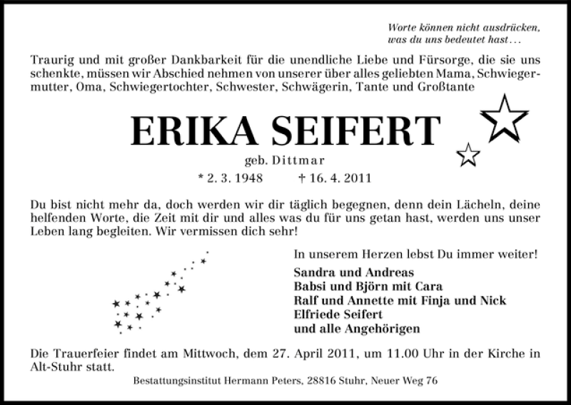  Traueranzeige für Erika Seifert vom 20.04.2011 aus WESER-KURIER