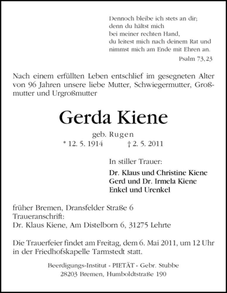 Traueranzeige von Gerda Kiene von WESER-KURIER