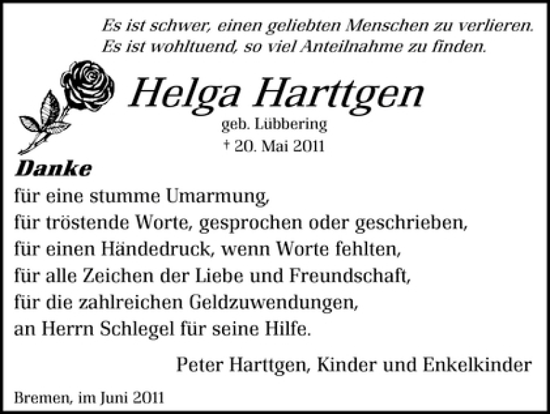  Traueranzeige für Helga Harttgen vom 18.06.2011 aus WESER-KURIER