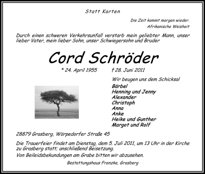  Traueranzeige für Cord Schröder vom 02.07.2011 aus WESER-KURIER