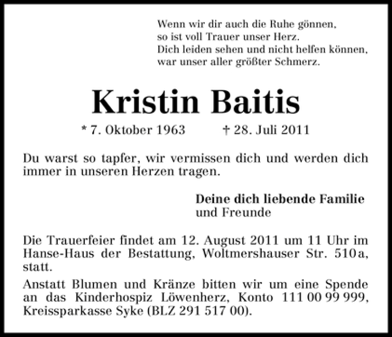  Traueranzeige für Kristin Baitis vom 06.08.2011 aus WESER-KURIER